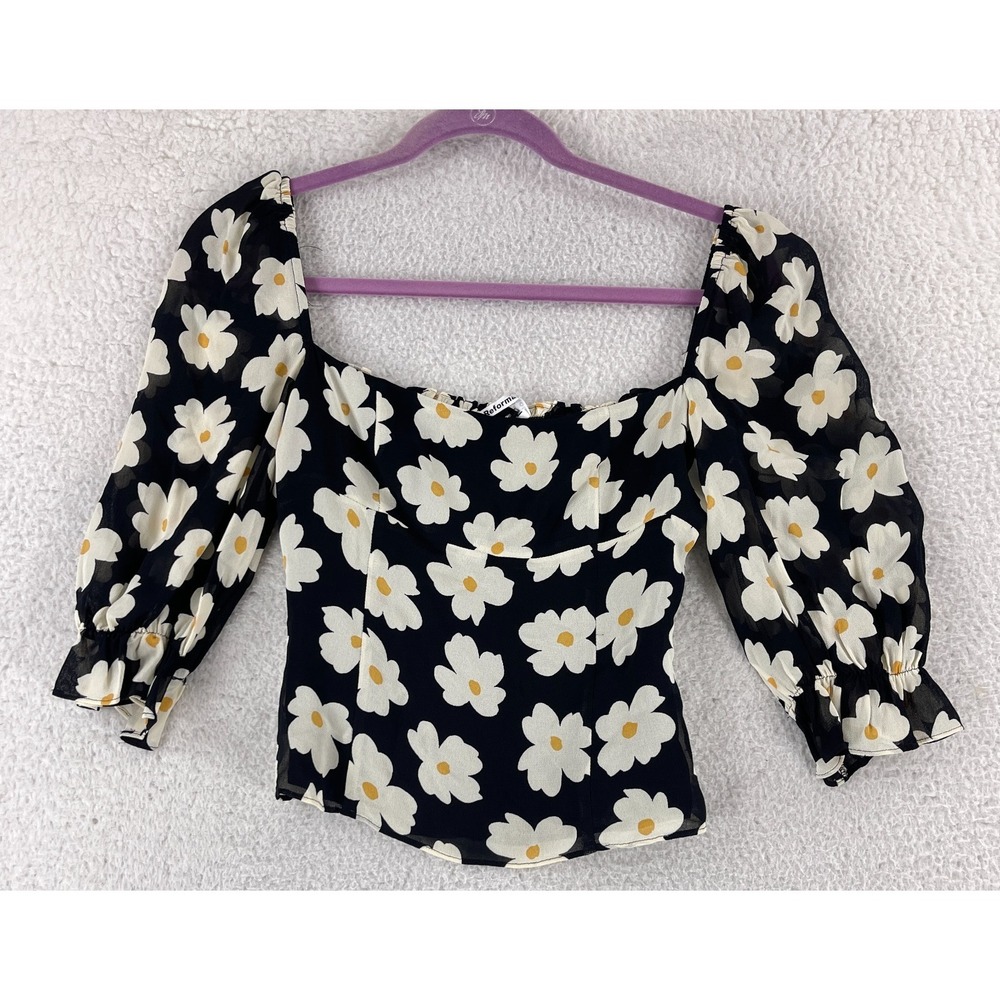 Reformation Georgia Daisy Bella Top Women Size 2 Black Floral Cropped 3/4 Sleeve